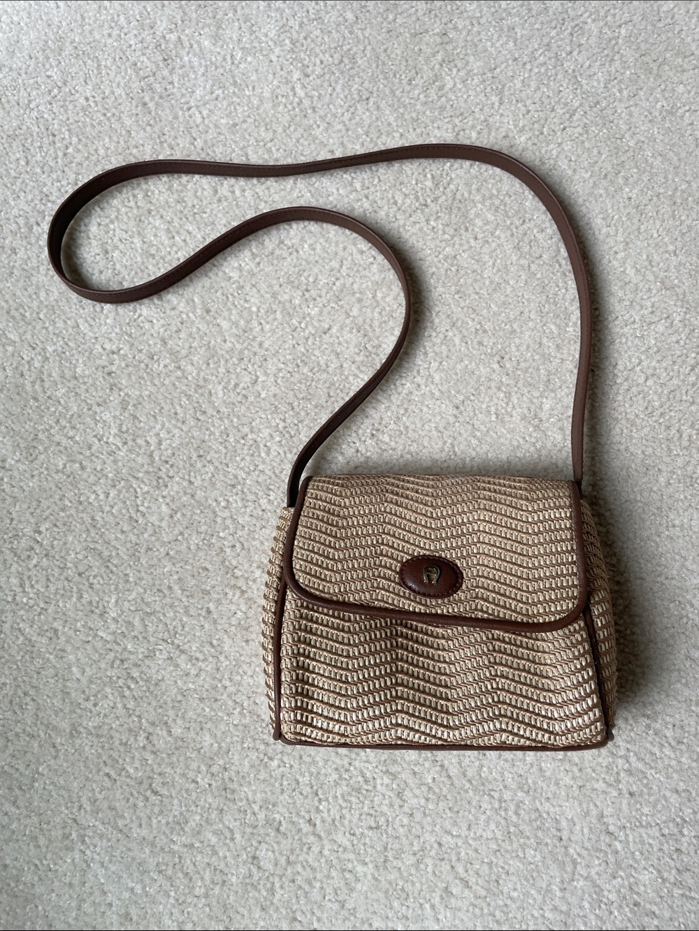Etienne Aigner Beige Woven Crossbody with Brown Trim